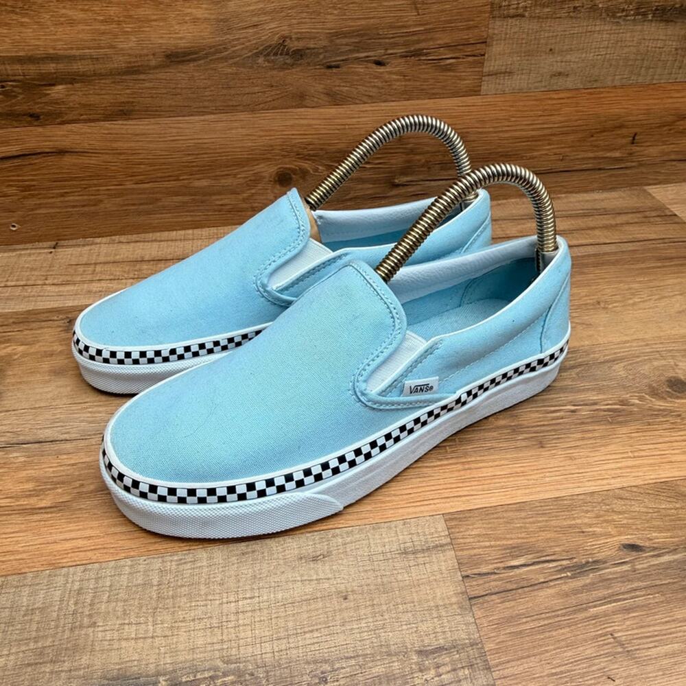 Vans Classic Slip On Light Blue Canvas Checkerboard Mens 6 Womens 7.5 Sidestripe
